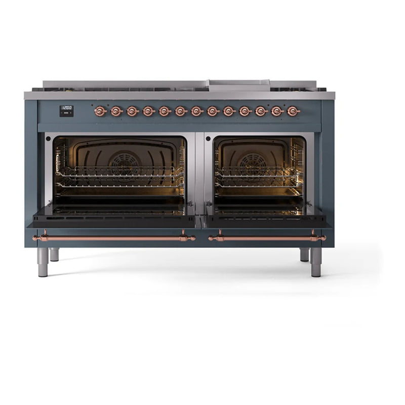 ILVE Nostalgie II Noblesse 60" Dual Fuel Freestanding Range in Blue Grey with Copper Trim, UN60FQNMPBGPLP