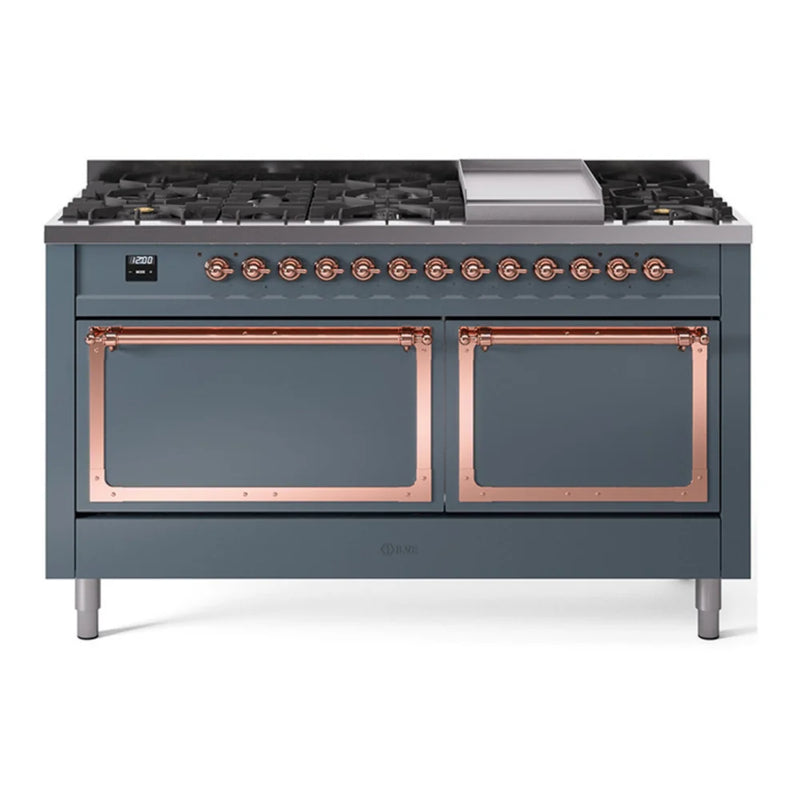 ILVE Nostalgie II Noblesse 60" Dual Fuel Freestanding Range in Blue Grey with Copper Trim, UN60FQNMPBGP