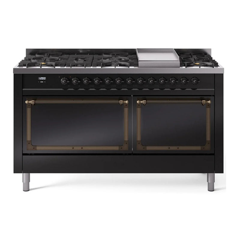 ILVE Nostalgie II Noblesse 60" Dual Fuel Freestanding Range in Glossy Black with Burnished Trim, UN60FQNMPBKBLP