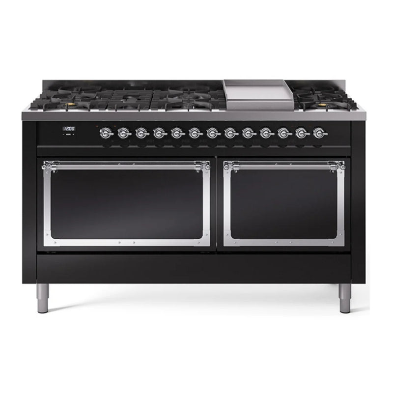 ILVE Nostalgie II Noblesse 60" Dual Fuel Freestanding Range in Glossy Black with Chrome Trim, UN60FQNMPBKC