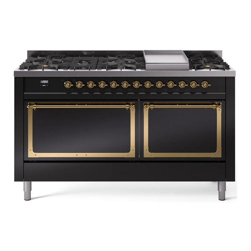 ILVE Nostalgie II Noblesse 60" Dual Fuel Freestanding Range in Glossy Black with Brass Trim, UN60FQNMPBKG