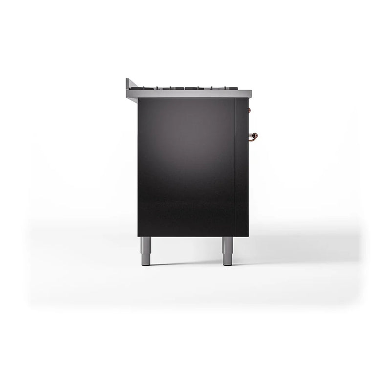 ILVE Nostalgie II Noblesse 60" Dual Fuel Freestanding Range in Glossy Black with Copper Trim, UN60FQNMPBKPLP