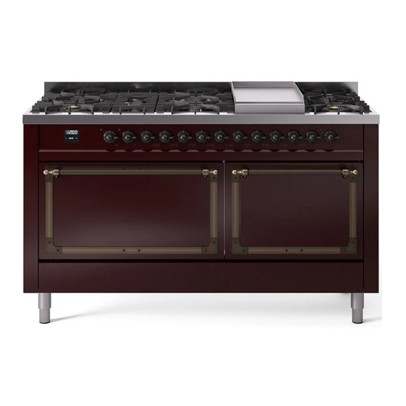 ILVE Nostalgie II Noblesse 60" Dual Fuel Freestanding Range in Burgundy with Burnished Trim, UN60FQNMPBUBLP