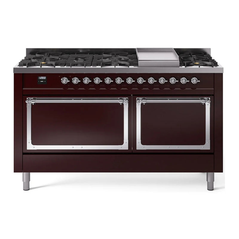 ILVE Nostalgie II Noblesse 60" Dual Fuel Freestanding Range in Burgundy with Chrome Trim, UN60FQNMPBUCLP