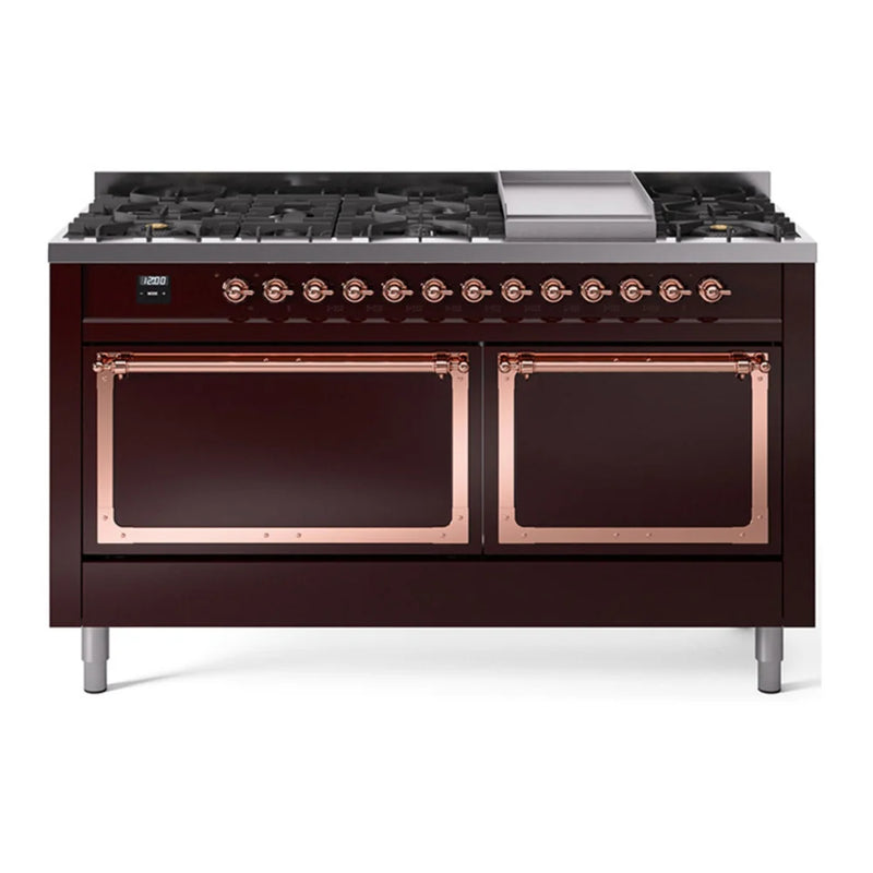 ILVE Nostalgie II Noblesse 60" Dual Fuel Freestanding Range in Burgundy with Copper Trim, UN60FQNMPBUP