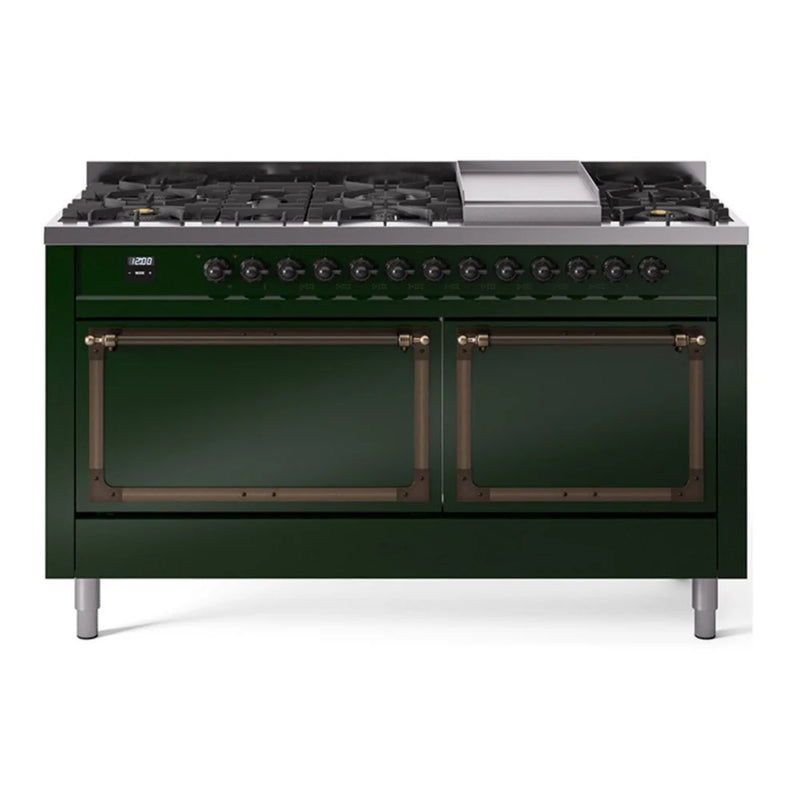 ILVE Nostalgie II Noblesse 60" Dual Fuel Freestanding Range in Emerald Green with Burnished Trim, UN60FQNMPEGBLP