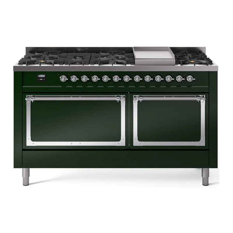 ILVE Nostalgie II Noblesse 60" Dual Fuel Freestanding Range in Emerald Green with Chrome Trim, UN60FQNMPEGC