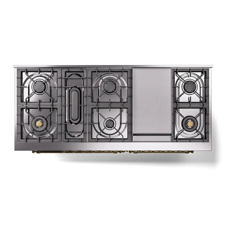 ILVE Nostalgie II Noblesse 60" Dual Fuel Freestanding Range in Emerald Green with Brass Trim, UN60FQNMPEGGLP