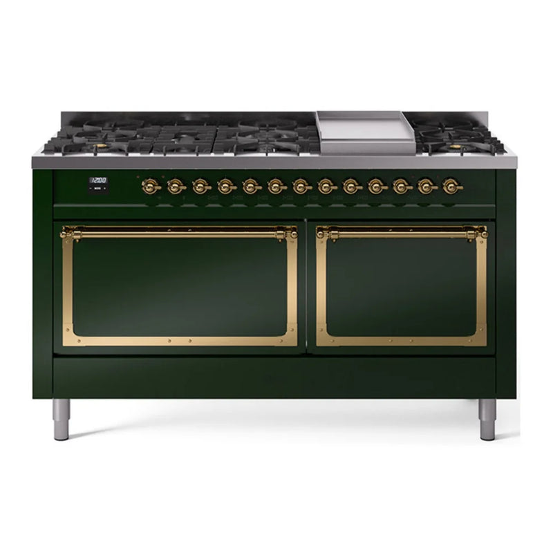 ILVE Nostalgie II Noblesse 60" Dual Fuel Freestanding Range in Emerald Green with Brass Trim, UN60FQNMPEGG