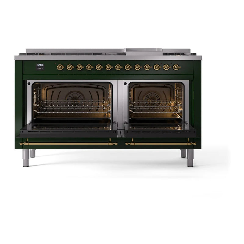 ILVE Nostalgie II Noblesse 60" Dual Fuel Freestanding Range in Emerald Green with Brass Trim, UN60FQNMPEGG