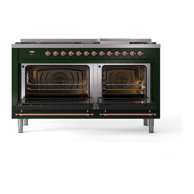 ILVE Nostalgie II Noblesse 60" Dual Fuel Freestanding Range in Emerald Green with Copper Trim, UN60FQNMPEGPLP
