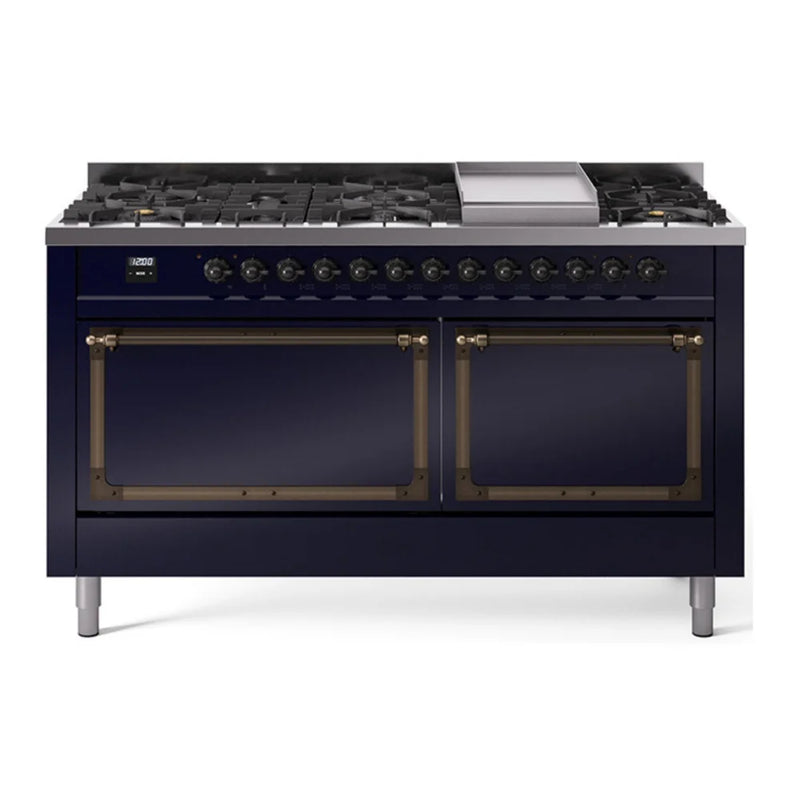 ILVE Nostalgie II Noblesse 60" Dual Fuel Freestanding Range in Midnight Blue with Burnished Trim, UN60FQNMPMBB