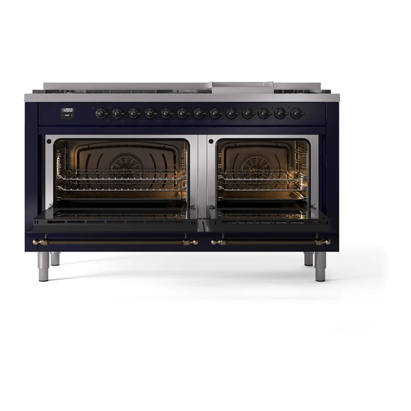 ILVE Nostalgie II Noblesse 60" Dual Fuel Freestanding Range in Midnight Blue with Burnished Trim, UN60FQNMPMBB