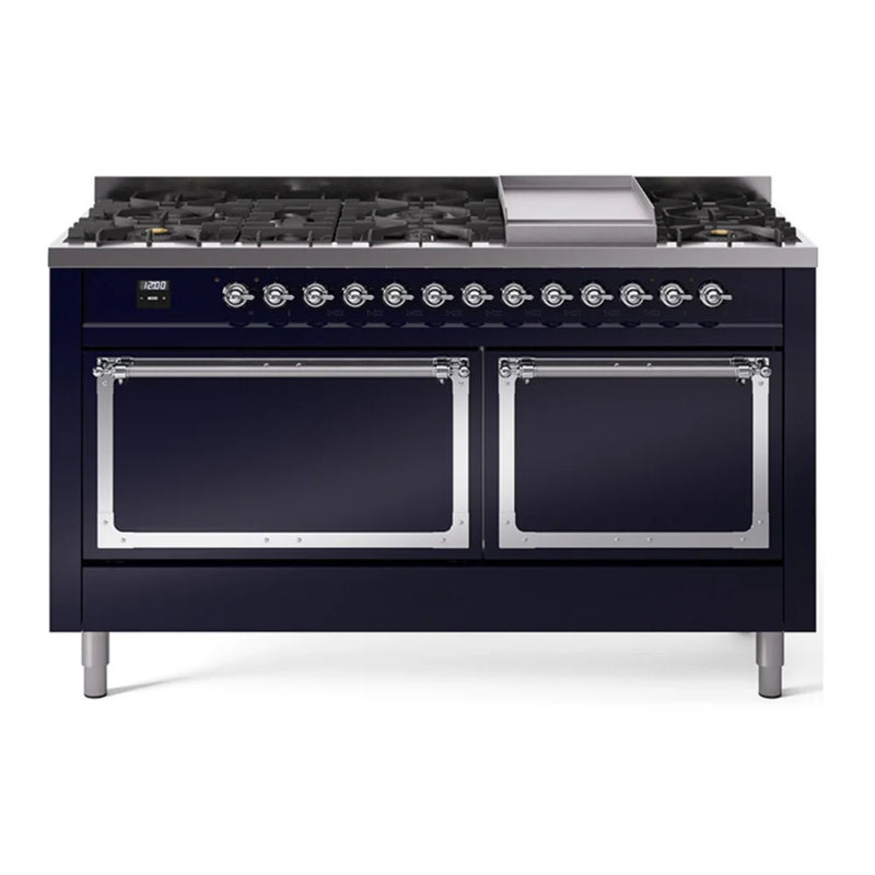 ILVE Nostalgie II Noblesse 60" Dual Fuel Freestanding Range in Midnight Blue with Chrome Trim, UN60FQNMPMBCLP