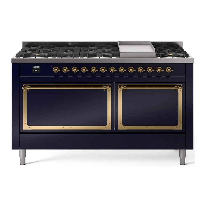 ILVE Nostalgie II Noblesse 60" Dual Fuel Freestanding Range in Midnight Blue with Brass Trim, UN60FQNMPMBGLP