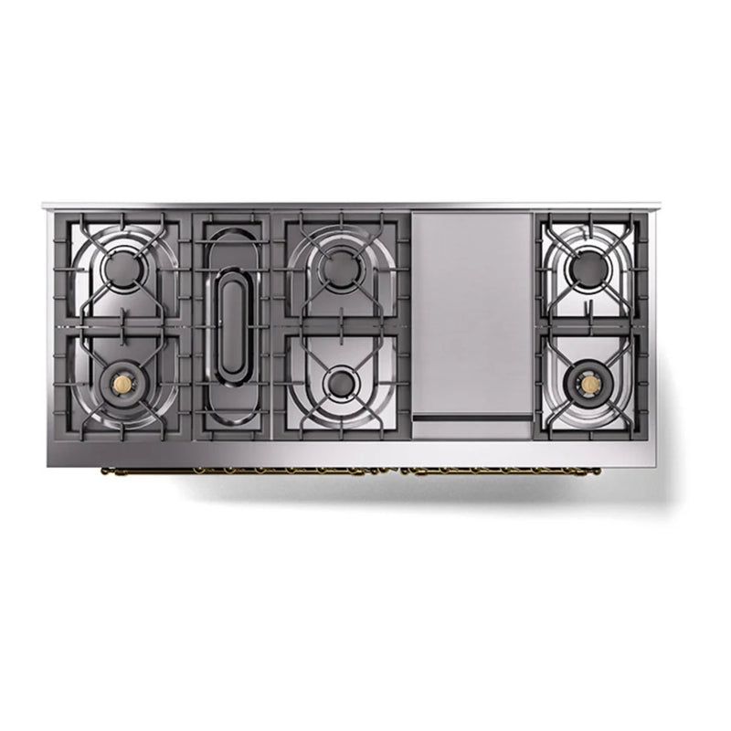 ILVE Nostalgie II Noblesse 60" Dual Fuel Freestanding Range in Midnight Blue with Brass Trim, UN60FQNMPMBGLP