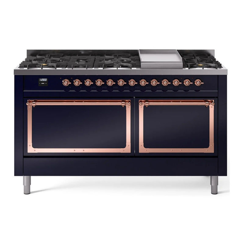 ILVE Nostalgie II Noblesse 60" Dual Fuel Freestanding Range in Midnight Blue with Copper Trim, UN60FQNMPMBP