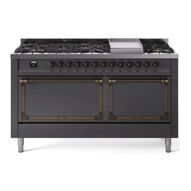 ILVE Nostalgie II Noblesse 60" Dual Fuel Freestanding Range in Graphite Matte with Burnished Trim, UN60FQNMPMGBLP