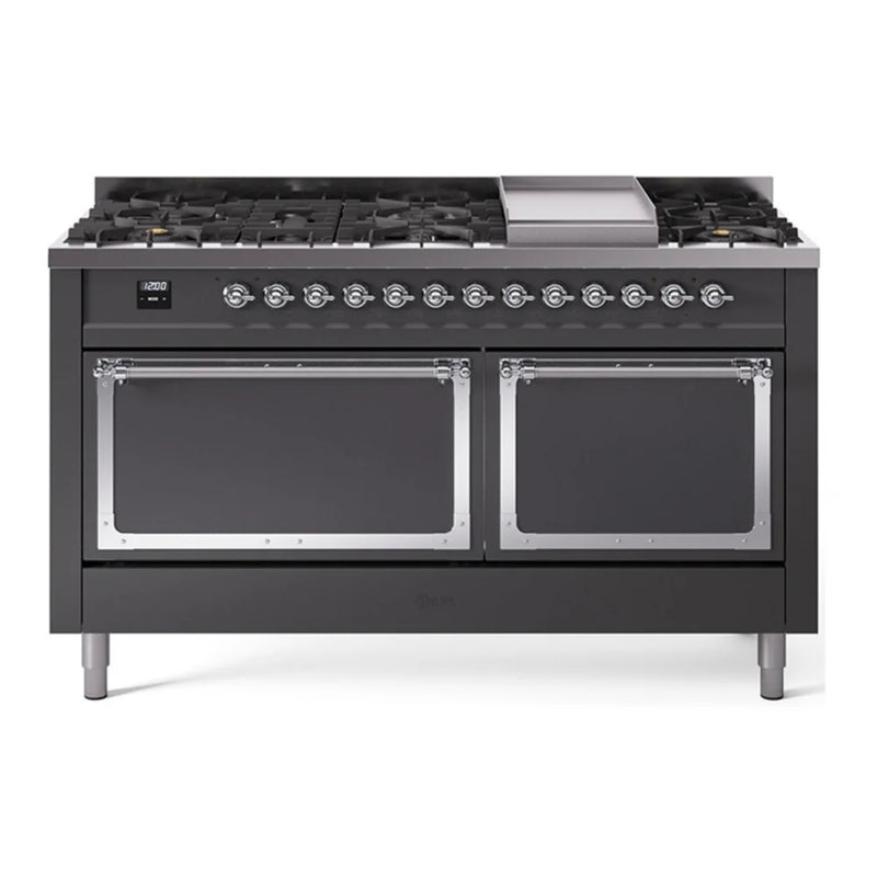 ILVE Nostalgie II Noblesse 60" Dual Fuel Freestanding Range in Graphite Matte with Chrome Trim, UN60FQNMPMGCLP