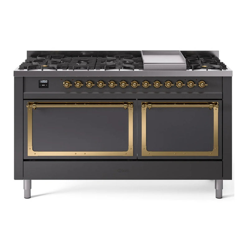 ILVE Nostalgie II Noblesse 60" Dual Fuel Freestanding Range in Graphite Matte with Brass Trim, UN60FQNMPMGG