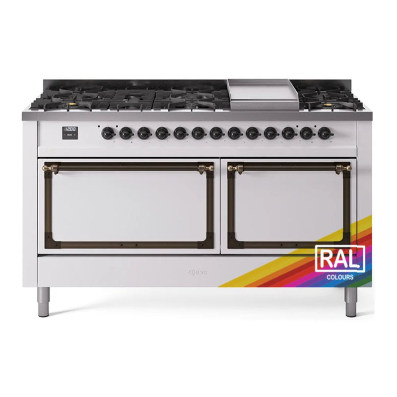 ILVE Nostalgie II Noblesse 60" Dual Fuel Freestanding Range in RAL Color with Burnished Trim, UN60FQNMPRABLP