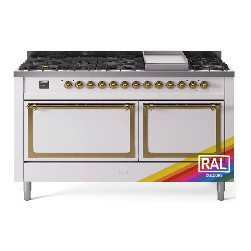 ILVE Nostalgie II Noblesse 60" Dual Fuel Freestanding Range in RAL Color with Brass Trim, UN60FQNMPRAGLP