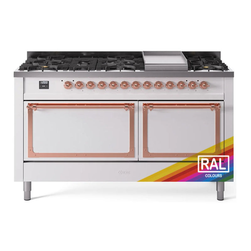 ILVE Nostalgie II Noblesse 60" Dual Fuel Freestanding Range in RAL Color with Copper Trim, UN60FQNMPRAP