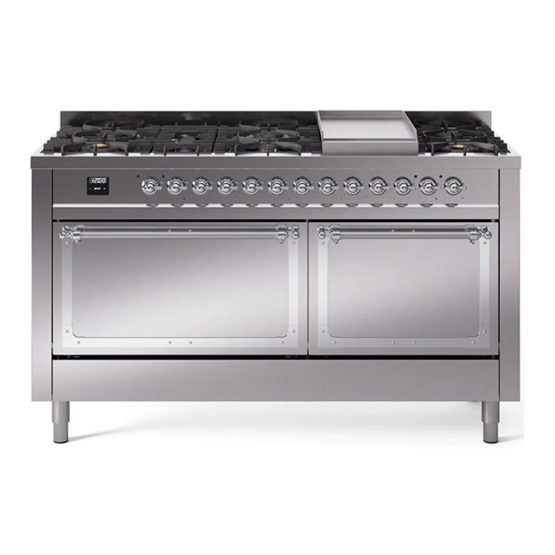 ILVE Nostalgie II Noblesse 60" Dual Fuel Freestanding Range in Stainless Steel with Chrome Trim, UN60FQNMPSSCLP
