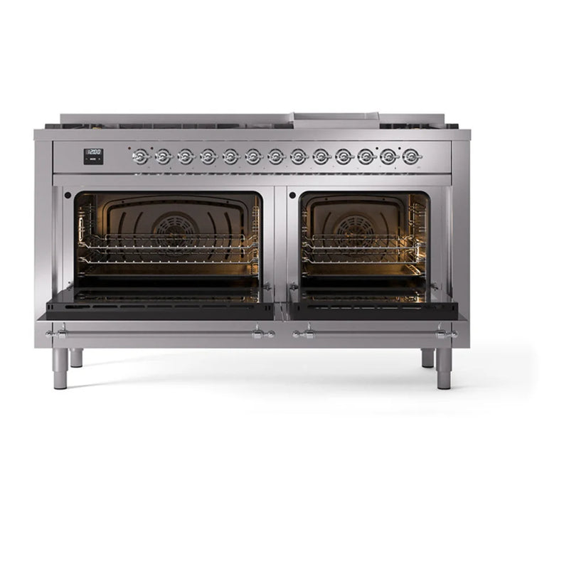 ILVE Nostalgie II Noblesse 60" Dual Fuel Freestanding Range in Stainless Steel with Chrome Trim, UN60FQNMPSSC