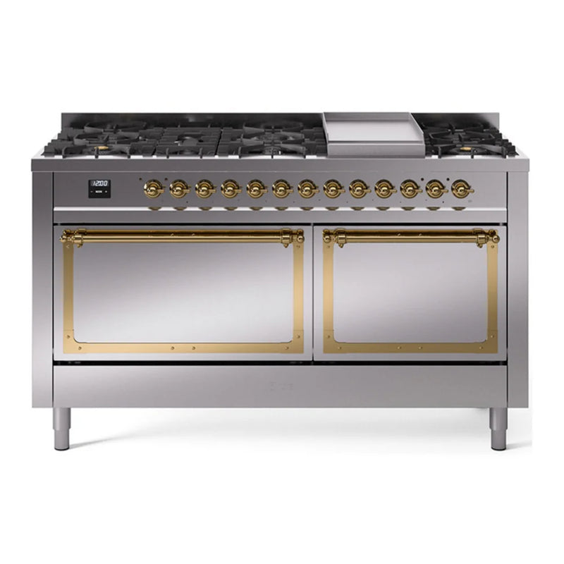 ILVE Nostalgie II Noblesse 60" Dual Fuel Freestanding Range in Stainless Steel with Brass Trim, UN60FQNMPSSGLP