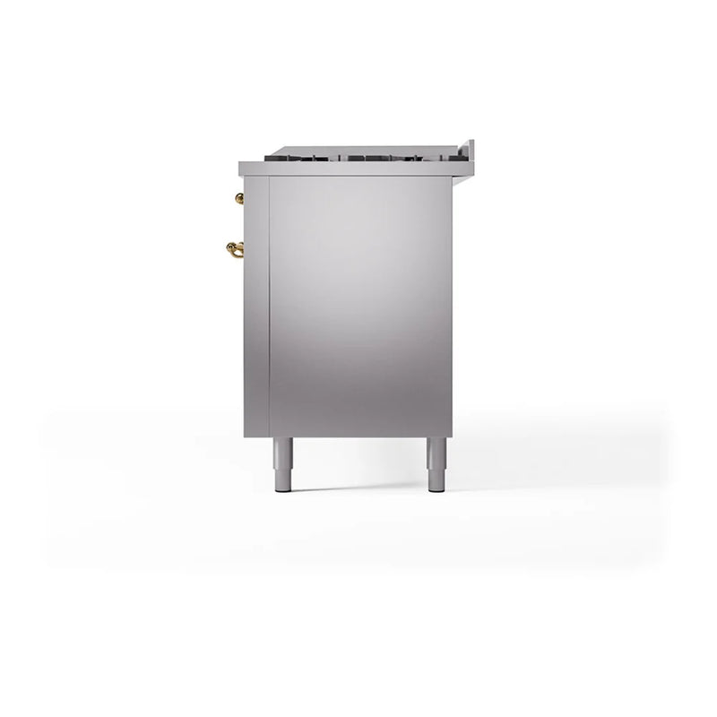 ILVE Nostalgie II Noblesse 60" Dual Fuel Freestanding Range in Stainless Steel with Brass Trim, UN60FQNMPSSGLP