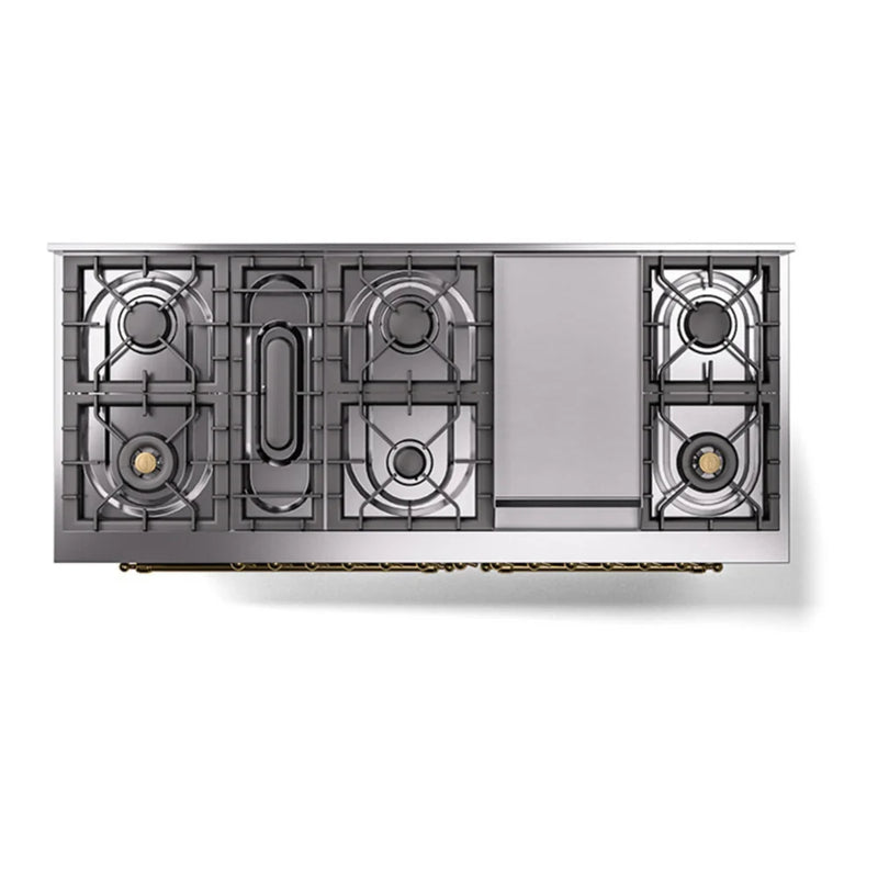 ILVE Nostalgie II Noblesse 60" Dual Fuel Freestanding Range in Stainless Steel with Brass Trim, UN60FQNMPSSG