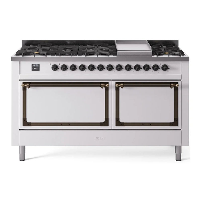 ILVE Nostalgie II Noblesse 60" Dual Fuel Freestanding Range in White with Burnished Trim, UN60FQNMPWHBLP