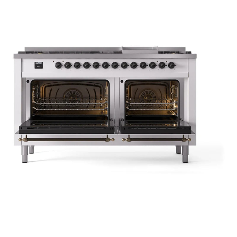 ILVE Nostalgie II Noblesse 60" Dual Fuel Freestanding Range in White with Burnished Trim, UN60FQNMPWHBLP