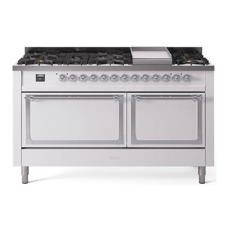 ILVE Nostalgie II Noblesse 60" Dual Fuel Freestanding Range in White with Chrome Trim, UN60FQNMPWHC