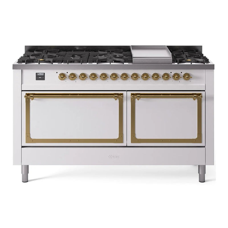 ILVE Nostalgie II Noblesse 60" Dual Fuel Freestanding Range in White with Brass Trim, UN60FQNMPWHGLP