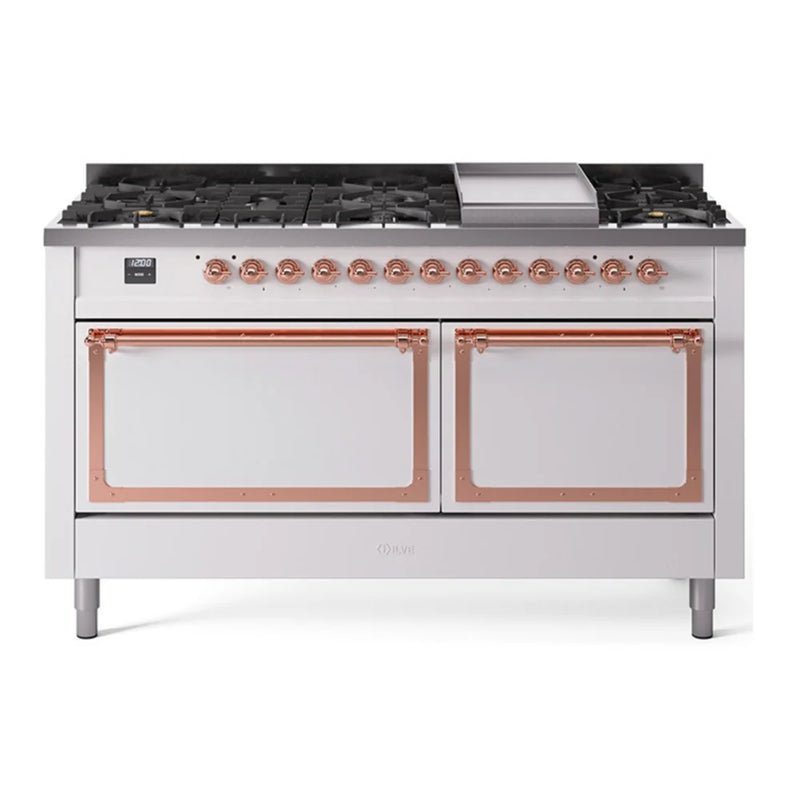 ILVE Nostalgie II Noblesse 60" Dual Fuel Freestanding Range in White with Copper Trim, UN60FQNMPWHP