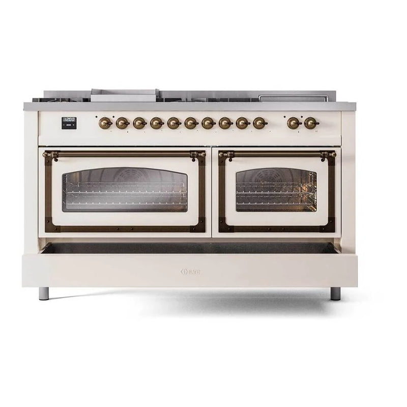 ILVE Nostalgie II Noblesse 60" Dual Fuel Freestanding Range in Antique White with Burnished Trim, UN60FSNMPAWBLP