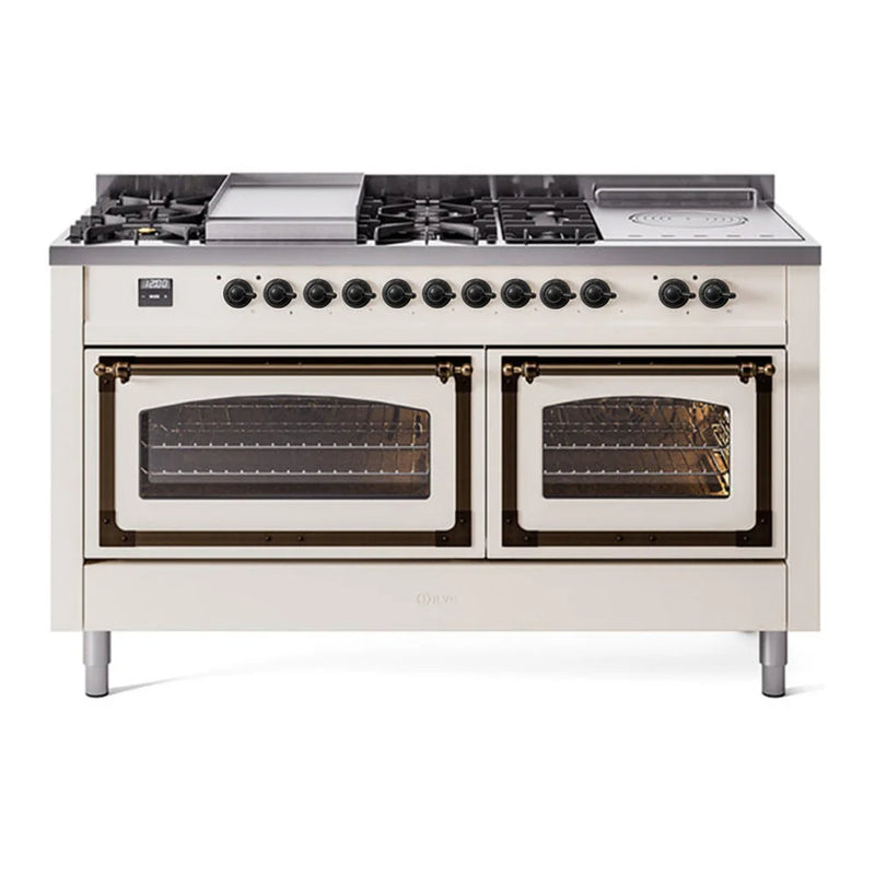 ILVE Nostalgie II Noblesse 60" Dual Fuel Freestanding Range in Antique White with Burnished Trim, UN60FSNMPAWB