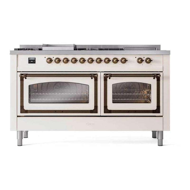 ILVE Nostalgie II Noblesse 60" Dual Fuel Freestanding Range in Antique White with Burnished Trim, UN60FSNMPAWB