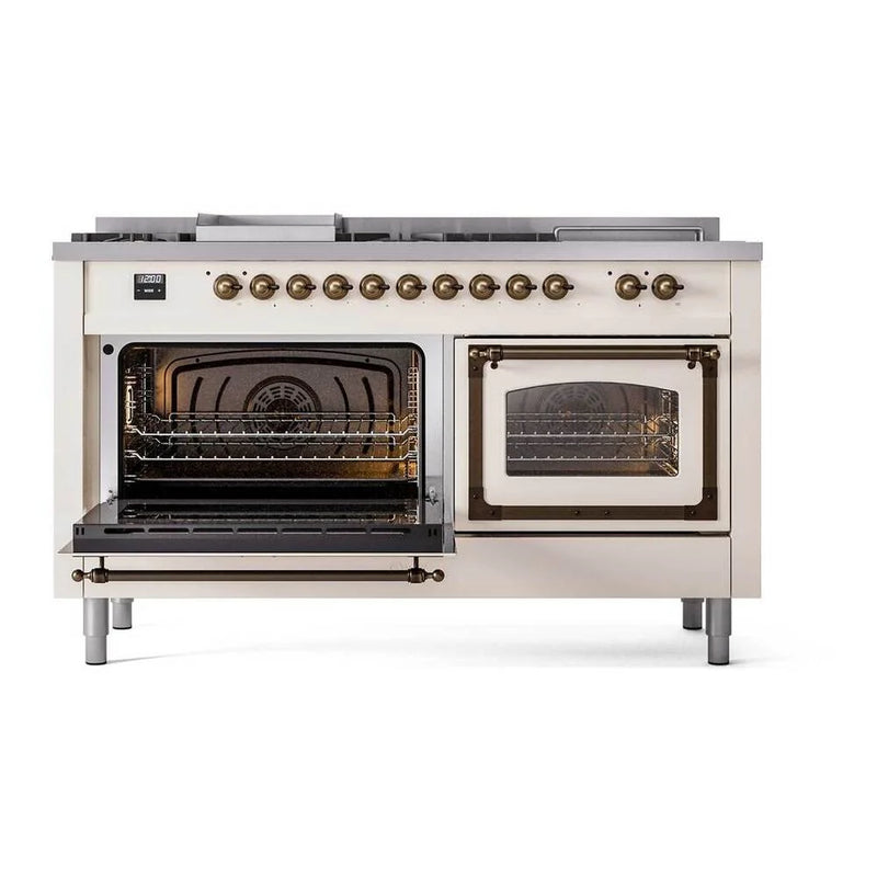 ILVE Nostalgie II Noblesse 60" Dual Fuel Freestanding Range in Antique White with Burnished Trim, UN60FSNMPAWB