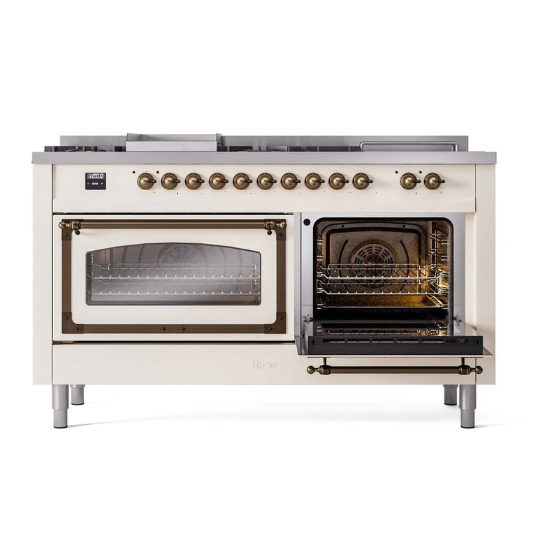 ILVE Nostalgie II Noblesse 60" Dual Fuel Freestanding Range in Antique White with Burnished Trim, UN60FSNMPAWB