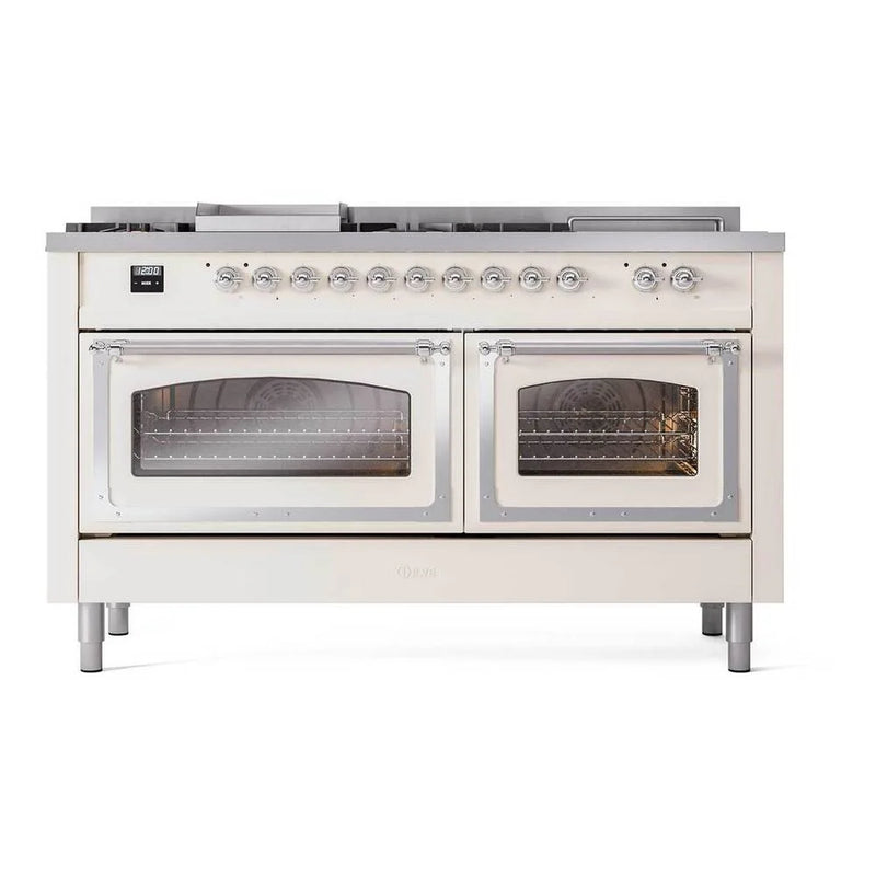 ILVE Nostalgie II Noblesse 60" Dual Fuel Freestanding Range in Antique White with Chrome Trim, UN60FSNMPAWCLP