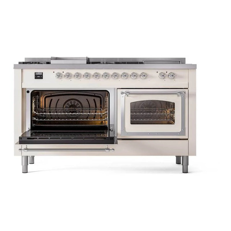 ILVE Nostalgie II Noblesse 60" Dual Fuel Freestanding Range in Antique White with Chrome Trim, UN60FSNMPAWCLP