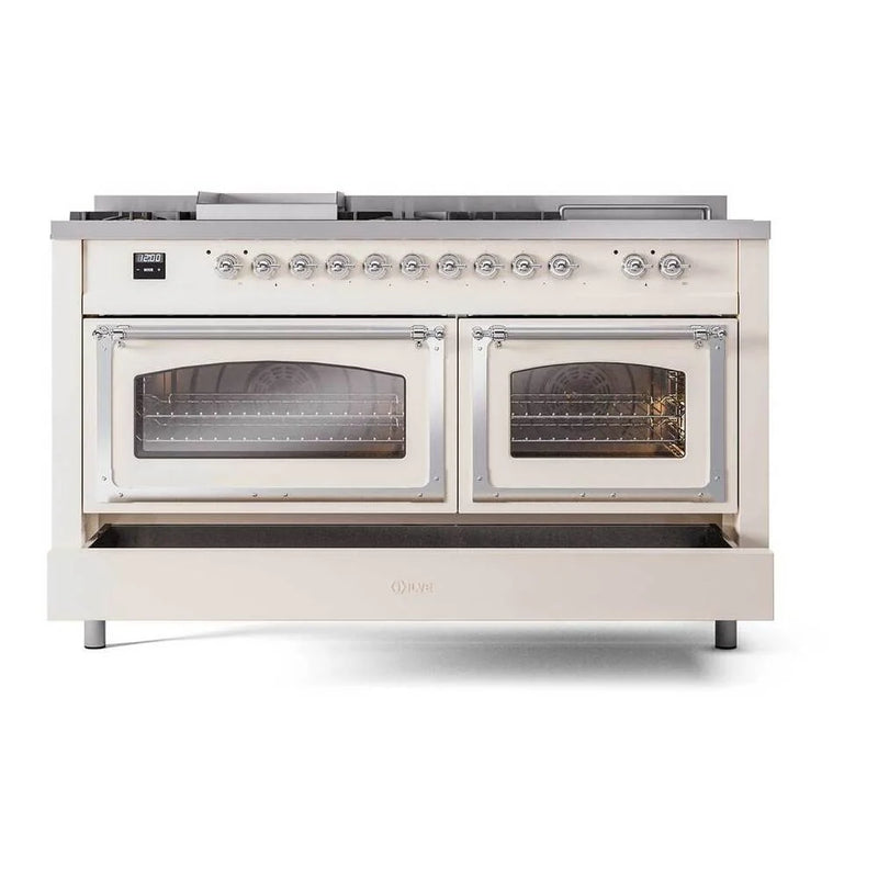 ILVE Nostalgie II Noblesse 60" Dual Fuel Freestanding Range in Antique White with Chrome Trim, UN60FSNMPAWCLP