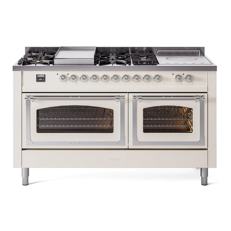 ILVE Nostalgie II Noblesse 60" Dual Fuel Freestanding Range in Antique White with Chrome Trim, UN60FSNMPAWC