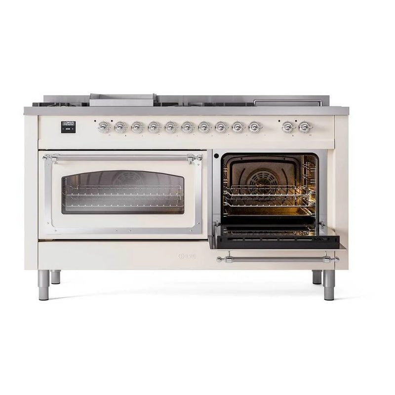 ILVE Nostalgie II Noblesse 60" Dual Fuel Freestanding Range in Antique White with Chrome Trim, UN60FSNMPAWC