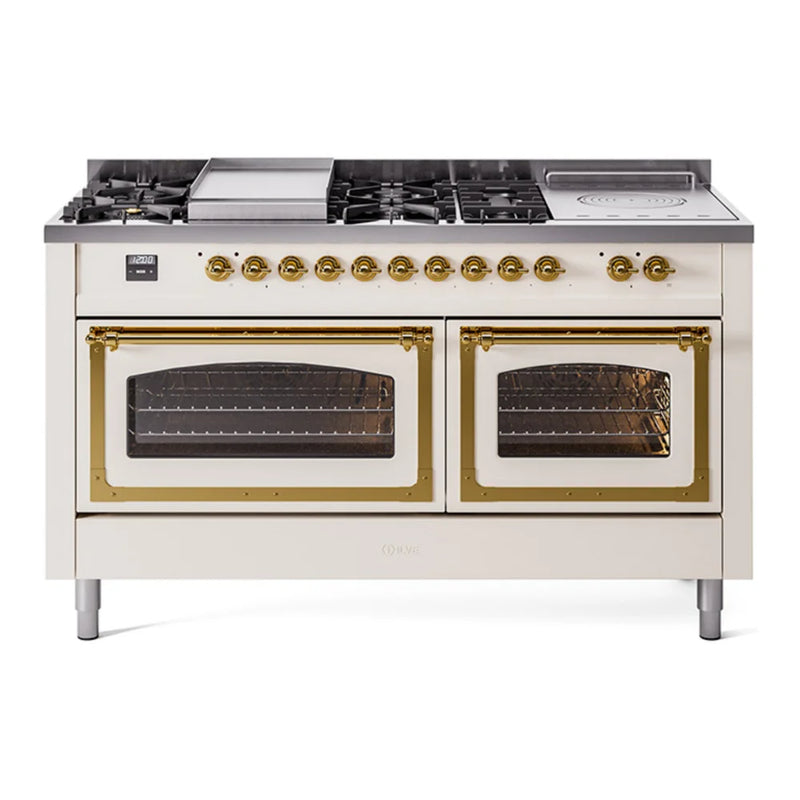 ILVE Nostalgie II Noblesse 60" Dual Fuel Freestanding Range in Antique White with Brass Trim, UN60FSNMPAWGLP