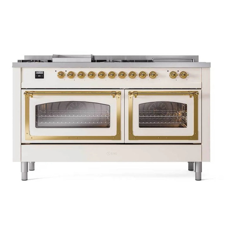 ILVE Nostalgie II Noblesse 60" Dual Fuel Freestanding Range in Antique White with Brass Trim, UN60FSNMPAWGLP
