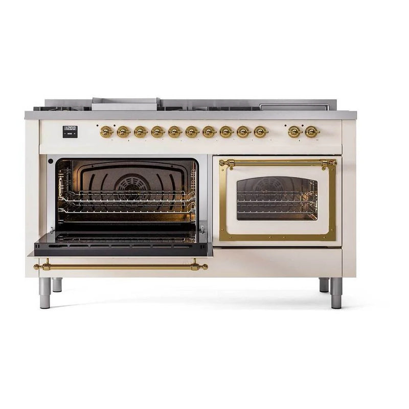 ILVE Nostalgie II Noblesse 60" Dual Fuel Freestanding Range in Antique White with Brass Trim, UN60FSNMPAWGLP